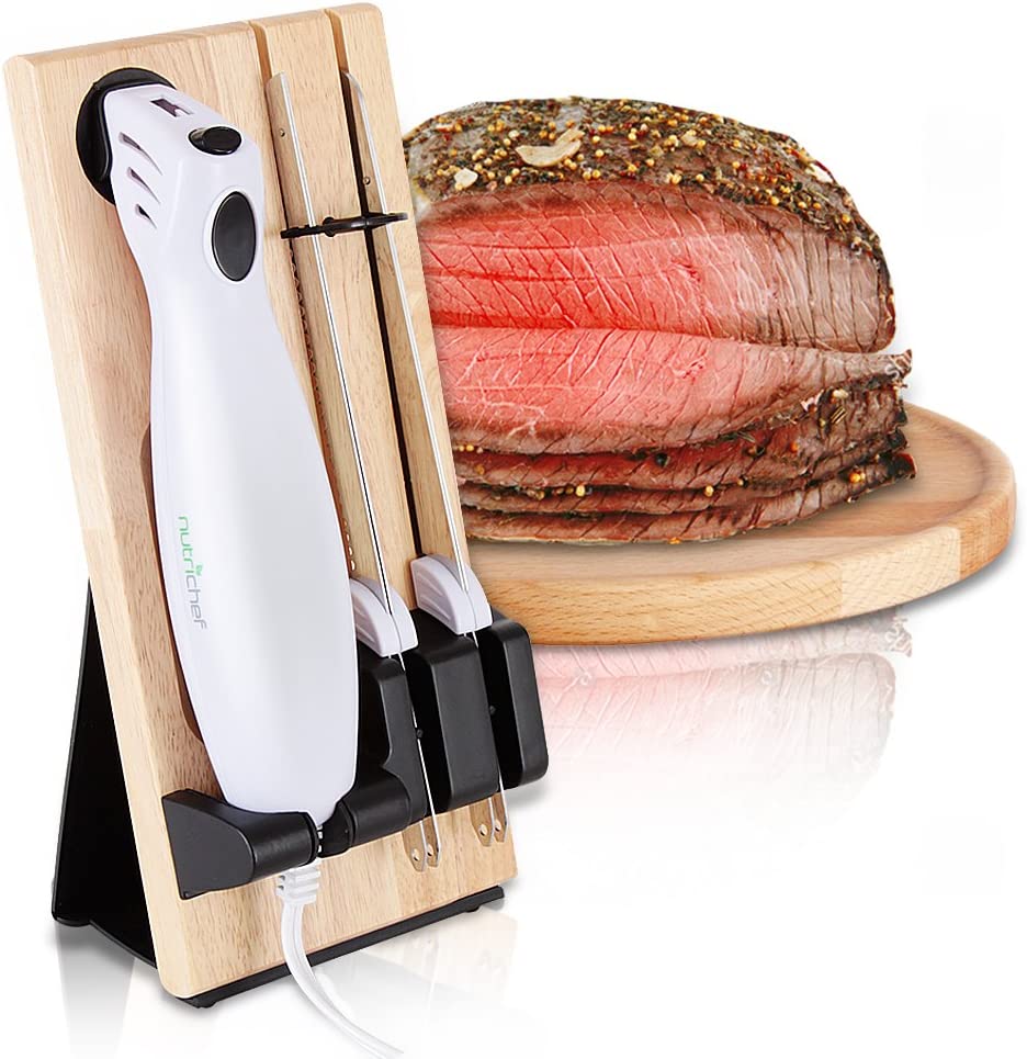 NutriChef Portable Cordless Electrical Knife with Bread and Carving Knives, and Wooden Stand