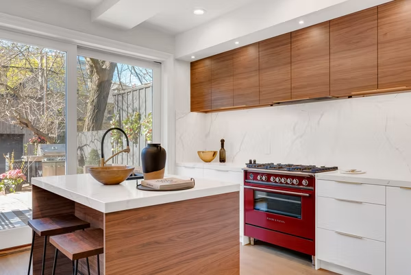 a quartz countertop in a small kitchen